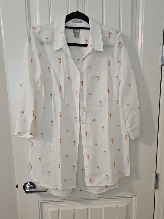 Chico's Tops - Chico's White Linen Sheer Button-Up Shirt with Tiny Cocktail Drinks Icons